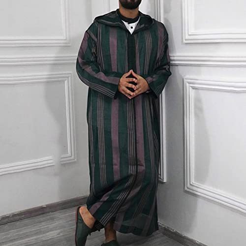 Men's Striped Robe Long Sleeve Zip-Up Thobe Long Gown Muslim Middle East Kaftan Dresses Muslim Dubai Clothes - color: Green, size: XX-Large