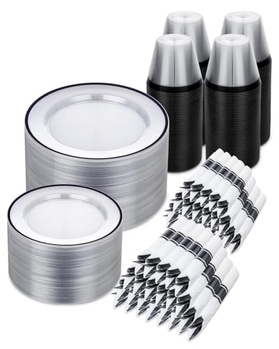 BESTSTAR 700PCS Clear and Black Disposable Plastic Plate Set for 100 Guests - color: Black, size: 700 Piece (100 guests)