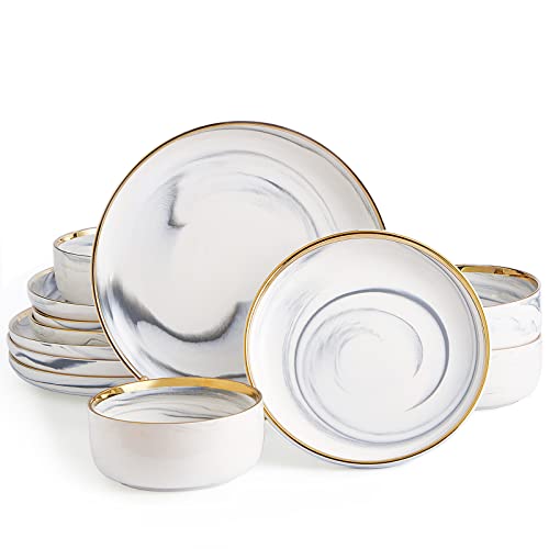 Pokini Marble Gold Rim Dinnerware Sets, Porcelain Plates and Bowls Sets - color: Sage Green