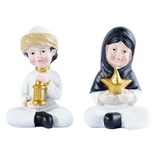 Ramadan Decorations Islamic Home Decor Muslim Boy and Girl Figurines Holding Lantern and Star Resin Table Centerpieces for Office Kids Eid Gifts Ideas Room Desktop Ornament