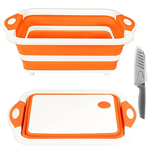 Rottogoon Collapsible Cutting Board, Foldable Chopping Board with Colander, Multifunctional Kitchen Vegetable Washing Basket Silicone Dish Tub for BBQ Prep/Picnic/Camping(Orange) - color: Orange