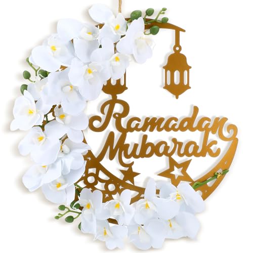 Lineshading Eid 라마단 무바라크 화환 라마단 장식 가정 현관 이드 장식 원형 금속 후프 꽃 벽걸이 화환 벽 창문 실내 실외 농가 장식 (클래식) - style: 클래식
