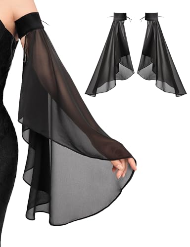 DAZCOS Victorian Long Tulle Sleeves for Women Chiffon Detachable Gloves for Wedding Dress Halloween Party Pageant - color: Black-01
