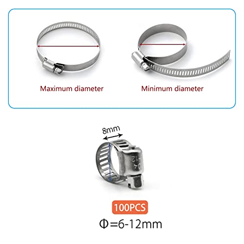 Small Hose Clamp, 100 Pack Hose Clamps Stainless Steel Worm Gear Fuel Line Hose Clamps, 6-12mm (1/4-1/2 inch) - size: 6-12mm (3/8inch)