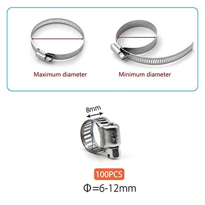Small Hose Clamp, 100 Pack Hose Clamps Stainless Steel Worm Gear Fuel Line Hose Clamps, 6-12mm (1/4-1/2 inch) - size: 6-12mm (3/8inch)