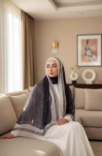 Hijab Modest and Elegant | Beautifully Designed Printed Chiffon Patterns | Muslim Women Head Scarf and Veil - color: Blue D