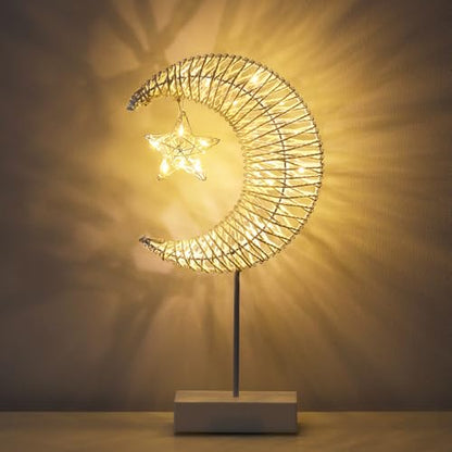 Lewondr Decorative Table Lamp, Christmas Moon Star Ramadan Desk Lamp Battery Powered Warm LED Crescent Light for Xmas Home Bedroom Bedside Desktop Nightstand Decoration, White - style: Moon + Star
