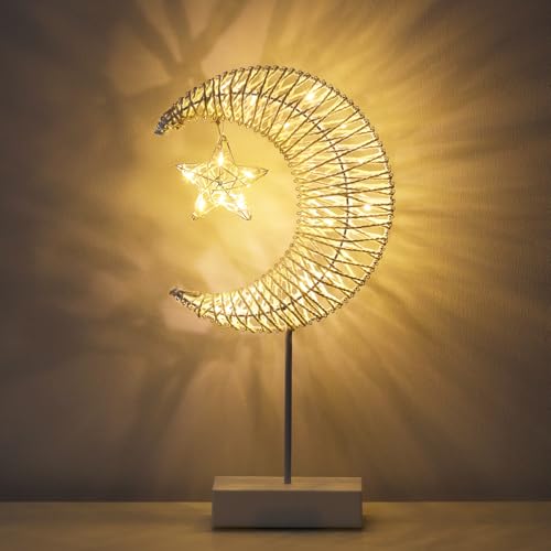 Lewondr Decorative Table Lamp, Christmas Moon Star Ramadan Desk Lamp Battery Powered Warm LED Crescent Light for Xmas Home Bedroom Bedside Desktop Nightstand Decoration, White - style: Moon + Star