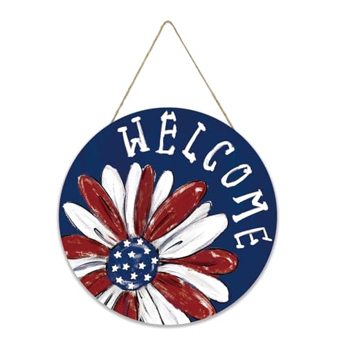 Smile Patriotic Flower Welcome Wooden Round Door Hanger, American Flag Themed Front Door Sign for 4th of July & Memorial Day Decor - style: Patriotic Daisy