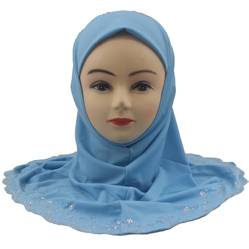 Girls Hijab with Rhinestones – Sparkly Non-Slip Amira Scarf for Kids, for Daily Prayer, School, Ramadan & Eid (Ages 4-12) - color: Sky Blue-wavy Edge