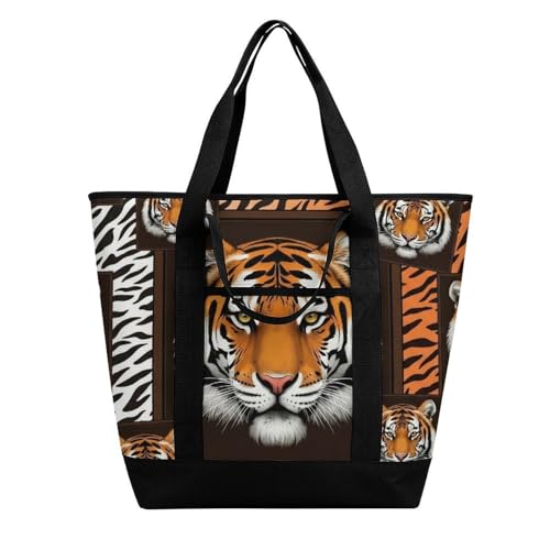 SWEET TANG Cooler Bag with Zipper & Handles, Soft Realistic Tiger Head Stripes Insulated Grocery Bags for Shopping, Travel, Beach, Picnic - color: Pattern 92