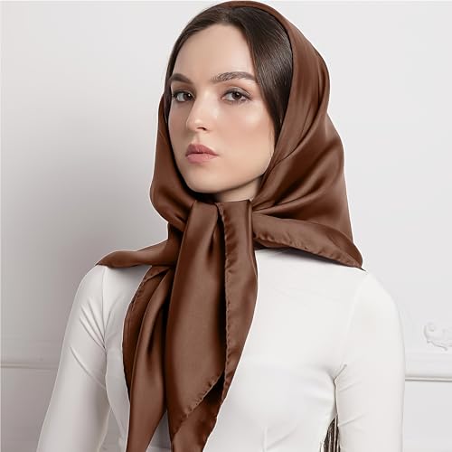 vimate 35" Square Silk Like Head Scarf - Women's Fashion Satin Scarf Bandana for Hair Wrapping at Night. - color: E#. Light Coffee