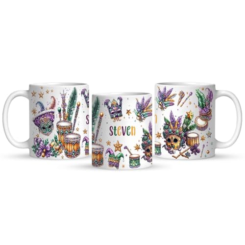 Customized Name White Coffee Cup, Custom Sparkling Mardi Gras Stickers Full Wrap Mug, Personalized Festive Mask With Feathers And Drums Mug, Festive New Orleans Ceramic Cup 11oz 15oz - color: XUA-1124-3657-Mardi Gras Mug