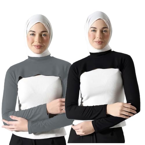 Modal Cotton Sun Protection Sleeves Cover for Women Mslim Islamic Conservative High Collar Vest Long Arm Sleeve Cover - color: Black Gray