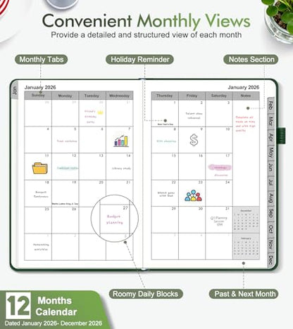 2026 Weekly & Monthly Planner, 12 Months Hardcover Planner from January 2026 - December 2026, Leather Agenda Organizer Book 2026 with Tabs, Daily Calendar Planners for Work School Home, A5 (5.75" x 8.38"), Green - color: Green