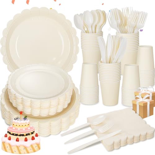 LIYH 350 Pcs Ivory Paper Plates and Napkins 50 Guest Cream Party Supplies Include Ivory Scalloped Disposable Paper Plates Cocktail Napkins Cups Spoons Forks Knives for Baby Shower,Birthday - color: Ivory