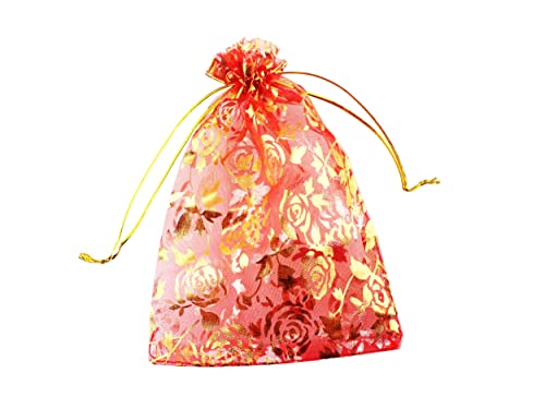 QIANHAILIZZ 100 Pack 5 x 7 Inch Organza Jewelry Gift Pouch B381, Red Flower - color: red flower
