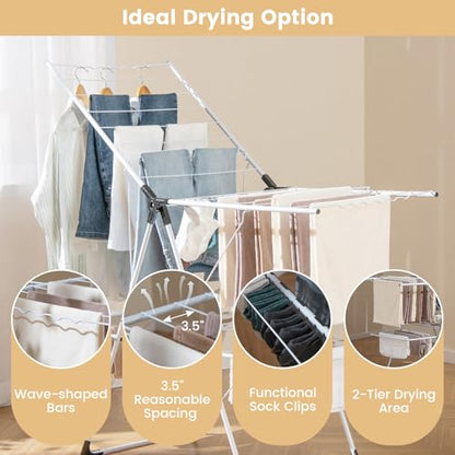 GOFLAME Clothes Drying Rack, 2-Tier Folding Laundry Drying Rack with Height-Adjustable Wings, 33 Drying Rails, Middle Sock Clips, Side Wave-shaped Bars, Freestanding Laundry Hanger, No Assembly Needed - size: 57" x 23" x 37.5"