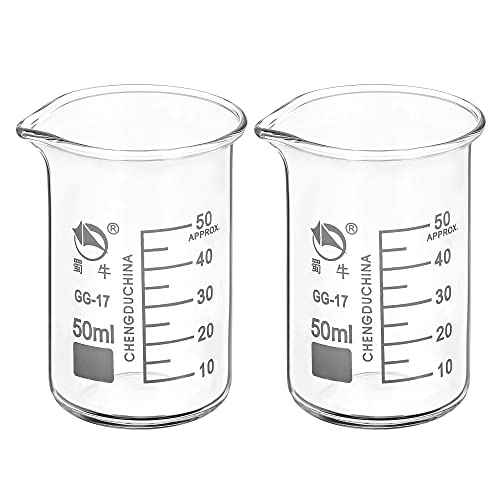PATIKIL 50ml Tall Form Glass Beaker, 2 Pack 3.3 Borosilicate Glass Graduated Printed Scale Measuring Cups with Spout for Kitchen Lab Liquids Transit Boiling - size: 50ml