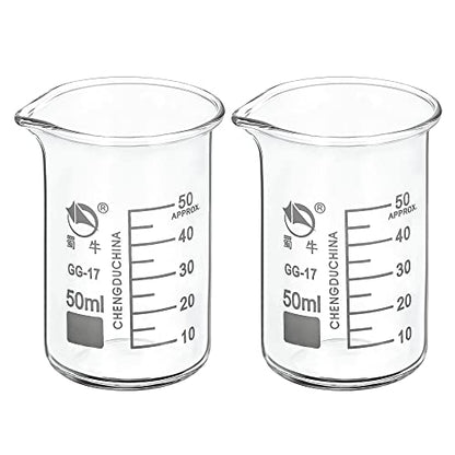 PATIKIL 50ml Tall Form Glass Beaker, 2 Pack 3.3 Borosilicate Glass Graduated Printed Scale Measuring Cups with Spout for Kitchen Lab Liquids Transit Boiling - size: 50ml