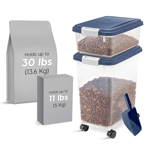IRIS USA Dog Food Storage Container, 30 lbs & 11 lbs Combo, Cat Food Storage Container, Dog Treat Container, Airtight, Stackable, 2-Cup Scoop, Wheels, Easy Mobility, Navy - color: Navy