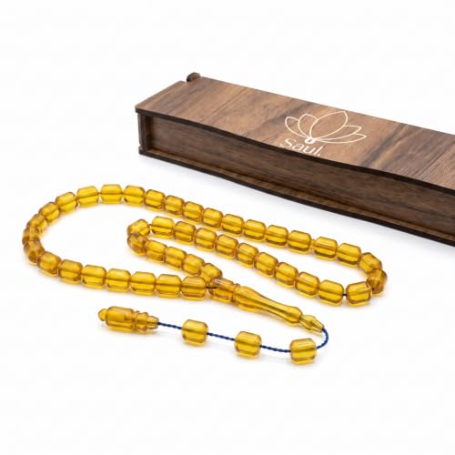 Saul Handmade 33 Beads Tasbih, Amber Phenolic Resin Islamic Prayer Beads with System Tassel, Pointed Capsule Cut Misbaha in Wooden Gift Box - color: Translucent Cognac