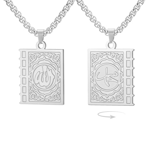 Islamic Necklace Double Sided Quran Book Muhammad Prophet Allah Pendant Arabic Calligraphy Ayatul Kursi Muslim Religious Jewelry Islam Eid Ramadan Gift for Men Women - color: silver