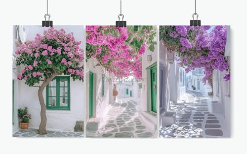 LANZHENZHENART 3Pcs Mykonos Town Wall Art Greece Street Flower Picture Canvas Painting Prints For Home Dining Room Living Room Wall Decor Poster Artwork(12" x 18" x 3 Panels Unframed) - color: White 1, size: (12" x 18" x 3 Panels Unframed)