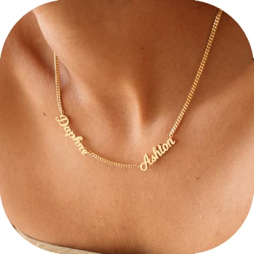 Ajiangwu 18K Gold Plated Name Necklace Personalized,Multiple Custom Name Necklace Family Necklace with Kids Names Customized Choker Necklace for Women - color: 2 Names with Curb Chain