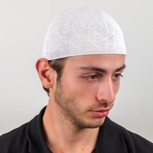 Muslim Kufi Hats for Men, Velvet Crochet Islamic Prayer Cap, Stretchable, Breathable Knit Skull Beanie,Standard Size - color: Rumi - White