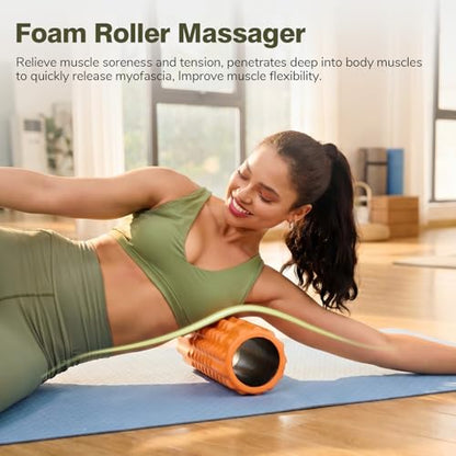 5 in 1 Foam Roller Set - Deep Tissue Foam Roller, Muscle Roller Stick, Massage Ball, Resistance Band for Physical Therapy & Deep Tissue Muscle Massage (Orange) - color: Orange