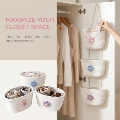 3-Tier Woven Cotton Rope Hanging Basket, Over the Door Organizer, Adjustable Detachable Wall Basket with Metal & Adhesive Hooks, No Drilling for Playroom, Toddler Nursery & Little Girls Room - style: BigFlower