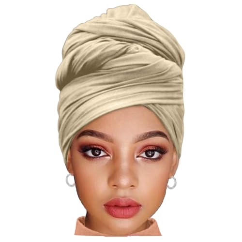 ZRQ 1 Pieces Beige Stretch Hijab Extra Long Solid Color African Shawl Hair Scarfs Jersey Turban Fashion Head Scarf Soft Head Wraps for Black Women - color: Beige