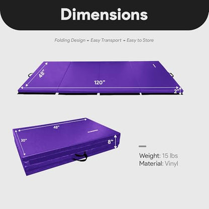 BalanceFrom 10x4 Feet 4-Panel Folding Gymnastics Mat – 2-Inch Thick Pad with Vinyl Surface and Carrying Handles for Tumbling, Yoga, Pilates, Home Workouts, and Martial Arts - color: Purple