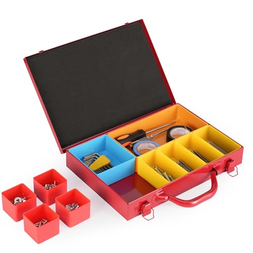Metal Organizer Box with 10 Removable Compartments, Red | Heavy-Duty Steel, Portable Toolbox with Carry Handle, Tools and Small Parts Storage, Modular Cups for Flexible Layout and Use - color: Red, size: 13" x 9" x 2" | 10 Cups