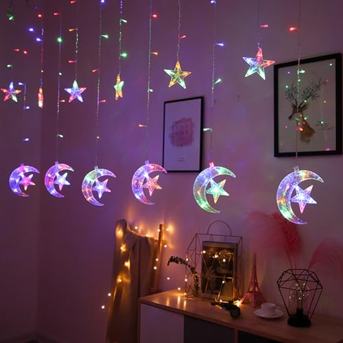 Christmas Window Lights Decorations Moons Star Curtain String Lights Plug in with 8 Flashing Modes Decoration for Christmas Bedroom Wall Wedding Outdoor Party Ramadan Decorations（8.2ft） - color: Colourful