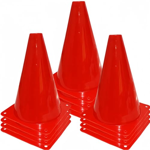 12Pcs Plastic Traffic Cones Mini Sport Cones for Basketball Football Drills, Indoor Outdoor Games Activity Festive Events - 7 Inch Orange Plastic Cones - color: red