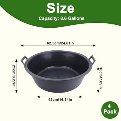 4Pcs Large Rubber and Plastic Feed Pan with Handle, 8.6 Gallon 34 Quart | Utility Horse Feed Bucket, For Cats Dogs Goats Chicken, Dust Bath Container, Animal Feeding Watering Bowl