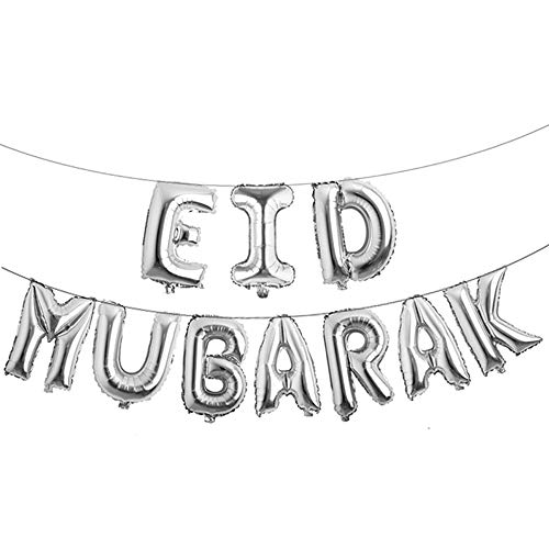 REIANS 9pc Rose Gold Eid Silver Foil Balloons, 16inch, Party Decoration Supplies, Ramadan, Birthday, Unisex, B Design Inflatable, Includes Tape, 10m Ribbon, Plastic Straw - color: Eid Silver