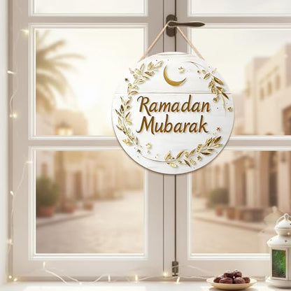 Ramadan Wreath for Front Door - Islamic Ramadan Mubarak Wooden Hanging Sign Ramadan Door Decoration Eid Mubarak Moon Stars Leafy Vine Branches Pattern Outdoor Home Wall Window Decor Gifts
