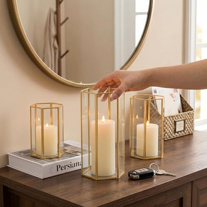Glass Hurricane Candle Holder, Set of 3 Large Clear Hexagon Lanterns Pillar Candle Lantern with Gold Metal Frame Wedding Centerpiece Table Decor Home Decorations