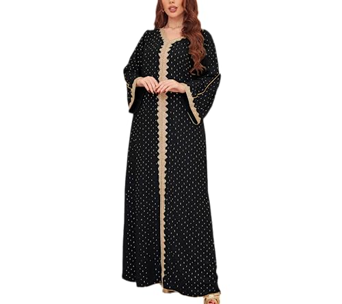 FPOVFPO Women's Muslim Abaya One-Piece V Neck Bronzing Dress Islamic Full Length Kaftan Daily Casual - color: Black, size: Small