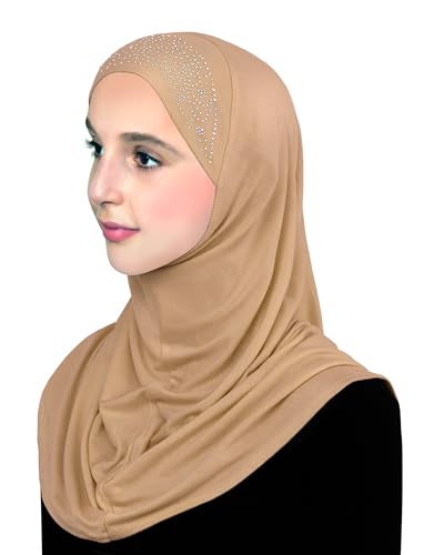 Aiyah Hijab for Girl's 1 piece Elastane-Spandex Amira Head Scarf with Rhinestones Easy Pull-on Headscarf - color: Large - Beige, size: Large