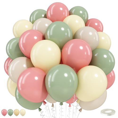 Dusty Pink Green Yellow Balloons, 12inch 50pcs Pink Sage Green Pastel Light Yellow Sand White Balloon for Wildflower Baby Shower Fairy Goose Birthday Bridal Shower Wedding Tea Summer Party Decorations - color: Pink Green Yellow Sand White