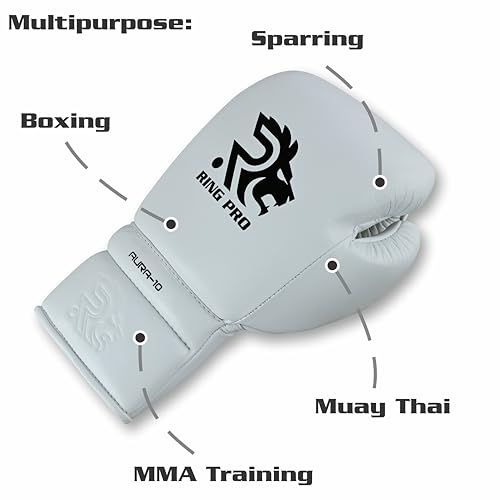 Aura 100 Full Grain Leather Lace Up Boxing Gloves for Men & Women – Professional Training, Sparring, Competition, Muay Thai, Kickboxing & Heavy Bag Gloves - color: White, size: 10 OZ