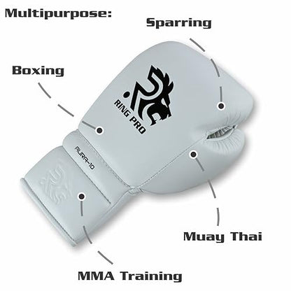 Aura 100 Full Grain Leather Lace Up Boxing Gloves for Men & Women – Professional Training, Sparring, Competition, Muay Thai, Kickboxing & Heavy Bag Gloves - color: White, size: 14 OZ