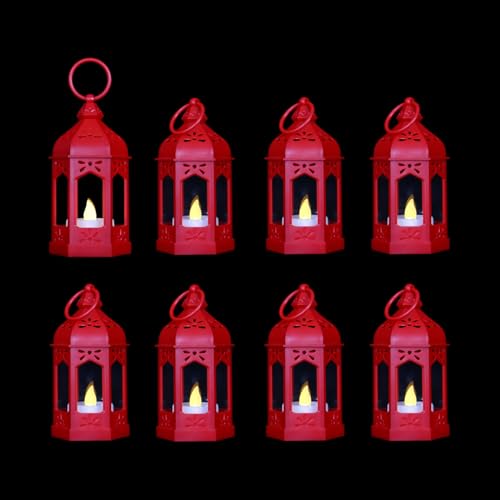 LLQ 8 Pcs Mini Lantern Decor Moroccan Lantern with Flickering LED Candle Table Centerpiece Small Vintage Christmas Hanging Lamp Ornaments Bulk for Wedding Halloween Christmas Party (5 Inch,Red) - color: Pure Red