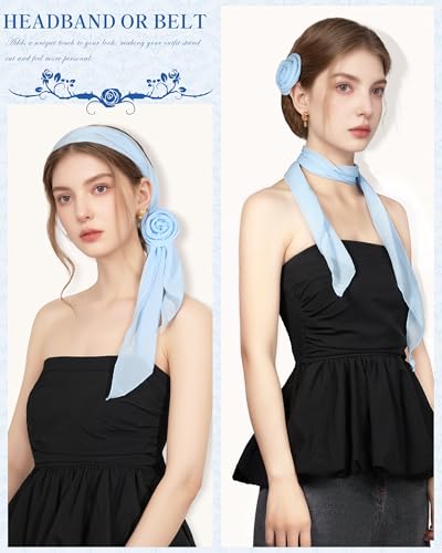 Chiffon Scarf for Women, Removable Flower Neck Scarf Light Soft Fashion Rose Scarves Versatile Headband or Hair Band - color: Light Blue