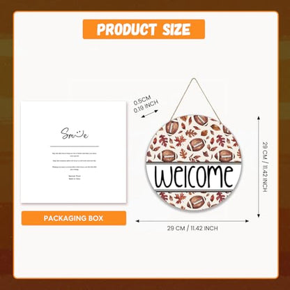 Smile Fall Football Welcome Wooden Round Door Hanger, Autumn Leaves Front Door Sign for Thanksgiving Game Day Decorations - style: Welcome Football