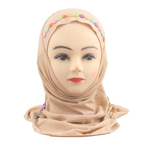 Girls Instant Hijab – Soft Kids Muslim Scarf with Flower, Breathable One-Piece Headscarf for Toddlers Age 2-8 - color: Small Flower-khaki